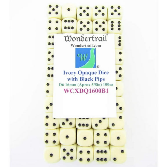 Ivory Opaque Dice with Black Pips D6 16mm (5/8in) Pack Of 100 Wondertrail