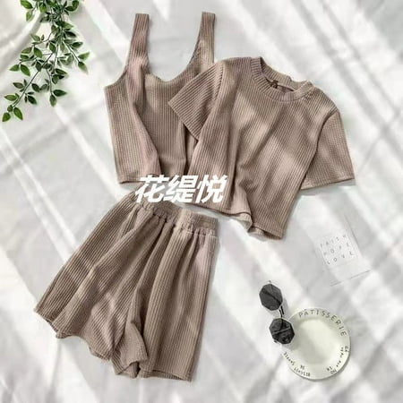 

CoCopeaunt Three Pieces Loungewear Women Basic&Casual Sleepwear Suits with Shorts Summer Pajamas Nightgown Solid Dressing Gown