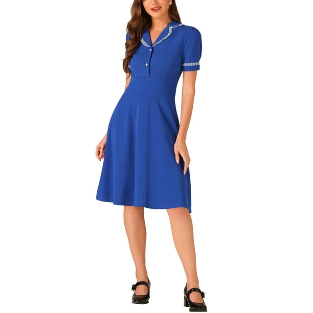 INSPIRE CHIC Vestido Midi Vintage para Mujeres 2024 Vestidos de Trabajo con Cuello Peter Pan S Azul Real
