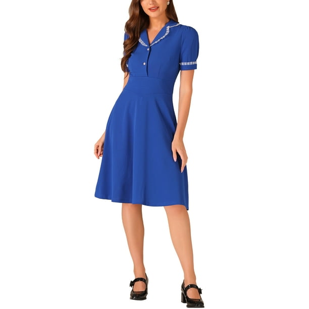 INSPIRE CHIC Vestido Midi Vintage para Mujeres 2024 Vestidos de Trabajo con Cuello Peter Pan L Azul Real