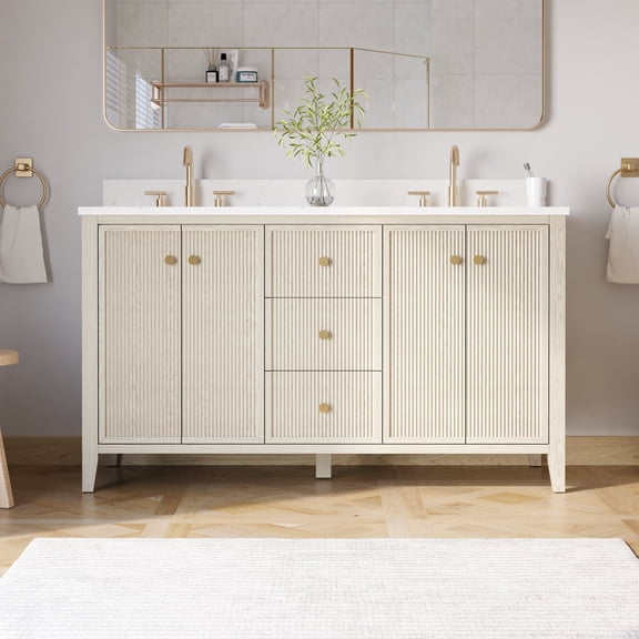 ANGELES HOME 60 Inch Bathroom Vanity with ingle Undermount Sink, Solid Wood, Quartz Top, 3 Dovetail Drawers and 4 Soft Close Doors