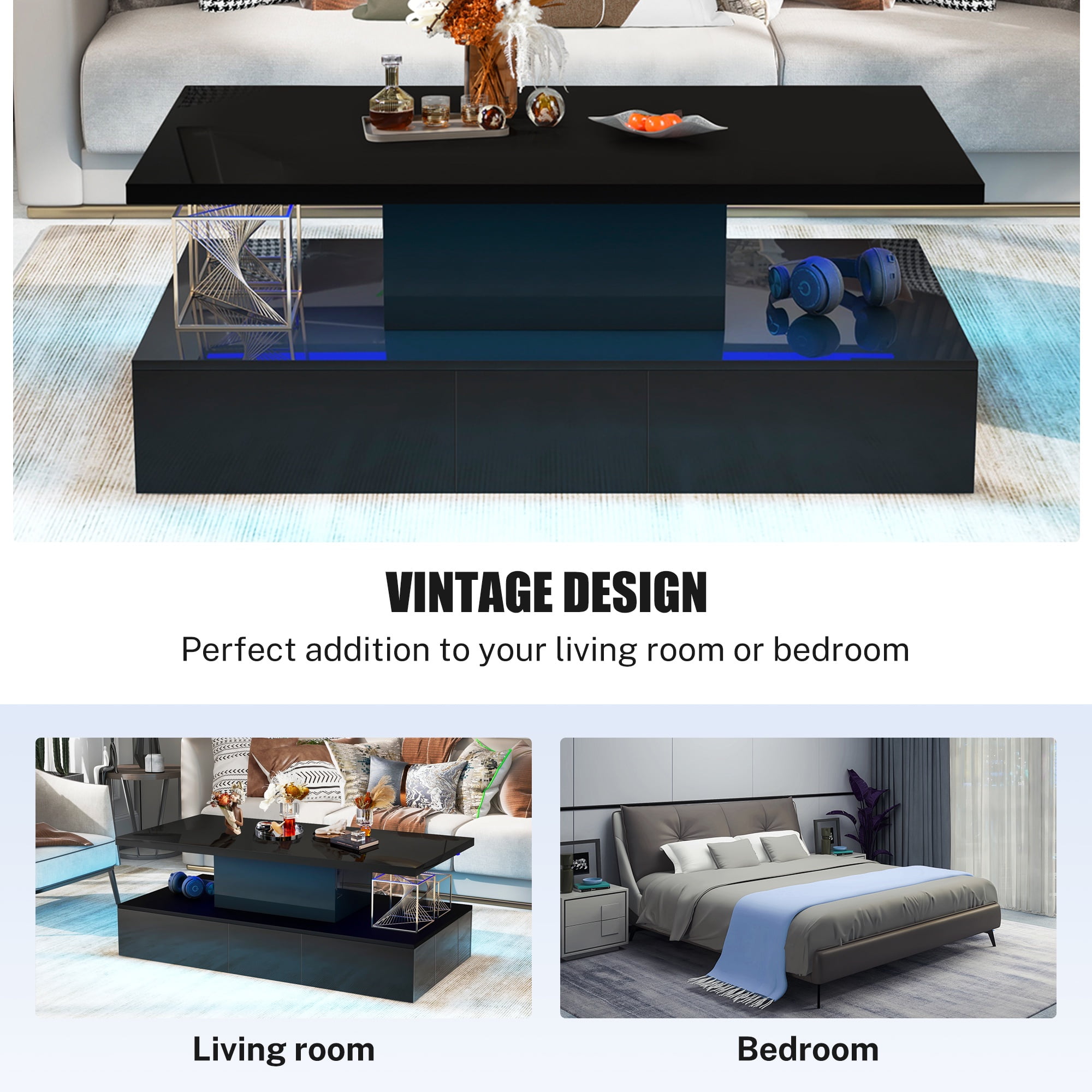PAPROOS 41" LED Coffee Table with 4 Storage Drawers, High Gloss Black Rectangular Center Table for Living Room Bedroom, Modern Coffee Tables with Large Storage Space, App/Remote Control