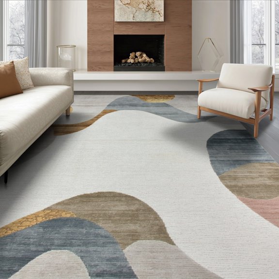 ODIKA 8'x10' Washable Area Rug Non-Slip Chair-Friendly Mat Table Abstract Marbled Swirl Neutral Farmhouse Tones Brushstroke for Dining Room, Large Office, Lounge