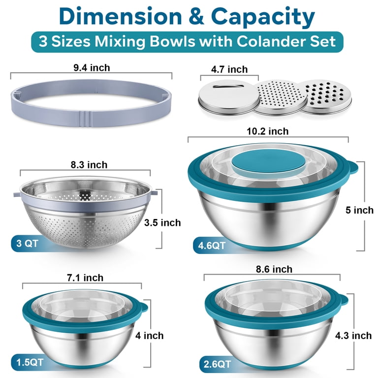 Vesteel, Mixing Bowls, Set of 7, with Lids, Colander and Graters, Blue ...