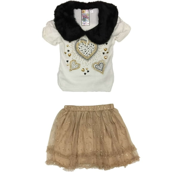 Little Girls Cream & Gold Rhinestone Bedazzled Heart Shirt Tulle Tutu Outfit 6X