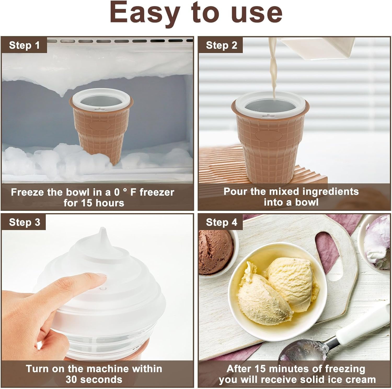 Mini Ice Cream Maker, 450ML Automatic Electric Ice Cream Maker with USB Charge Port, Multi-Purpose Homemade Soft Serve Ice Cream Machine for Gelato Sorbet Frozen Yogurt, Kitchen Gadgets, Brown