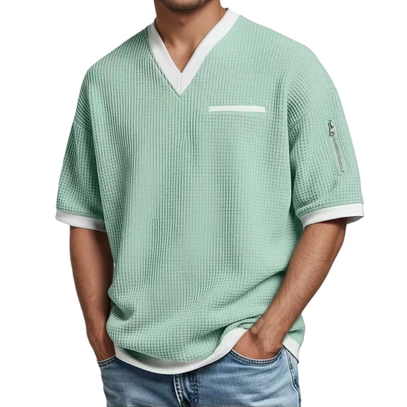 Rggeeun Men'S T-Shirt Solid Color Thin Stripes Short Sleeve V-Neck Cotton Linen Knit With Side Zipper & Patch Pocket For Outdoor Picnics Trendy Tee,Green,L