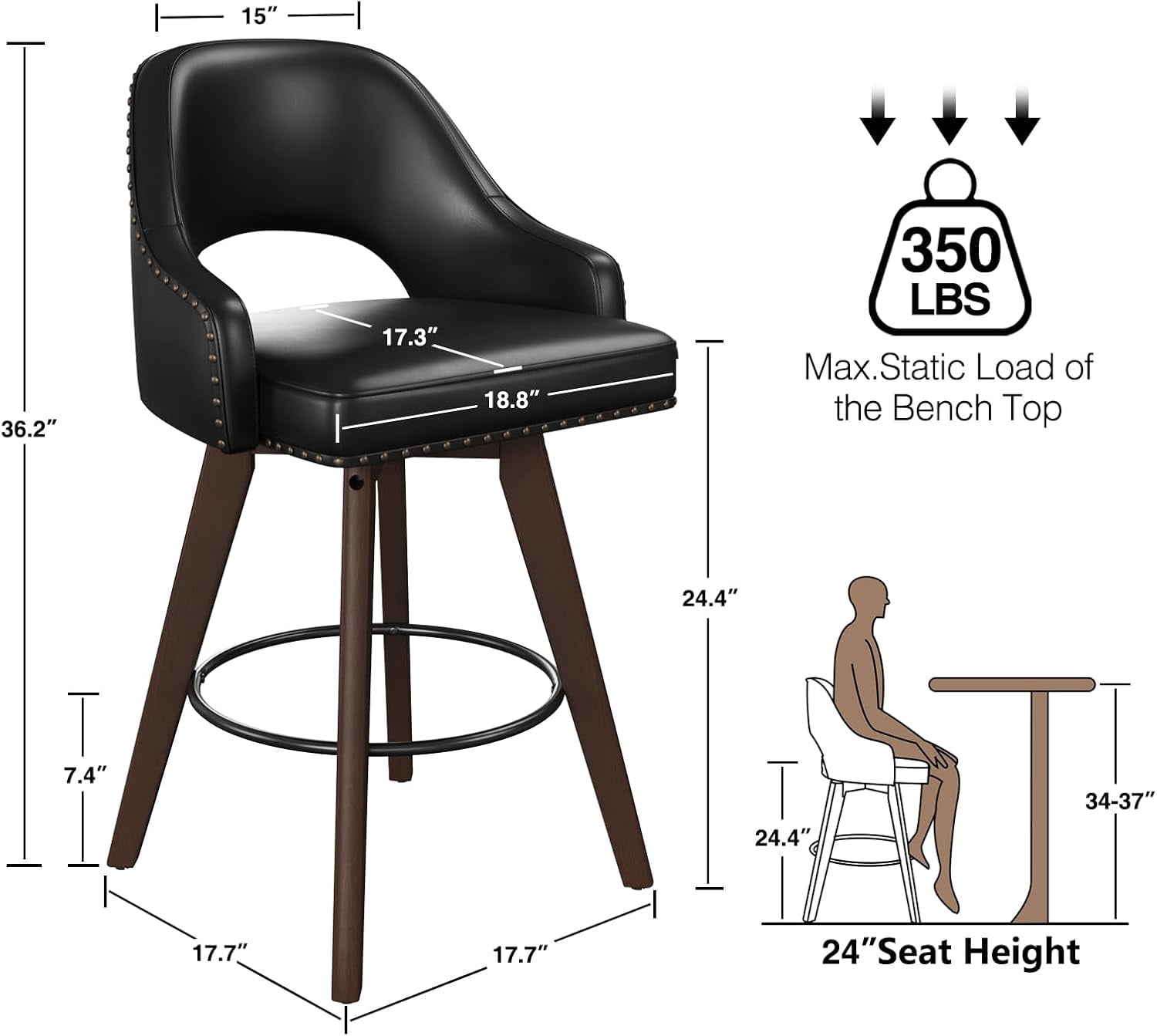 Vabches 24" Swivel Bar Stools Set of 2, Modern Counter Height Bar Chair with PU Leather and Wood Legs for Kitchen Island, Pub Chair with Solid Wood Legs for Kitchen Island Dining Room Pub Counter