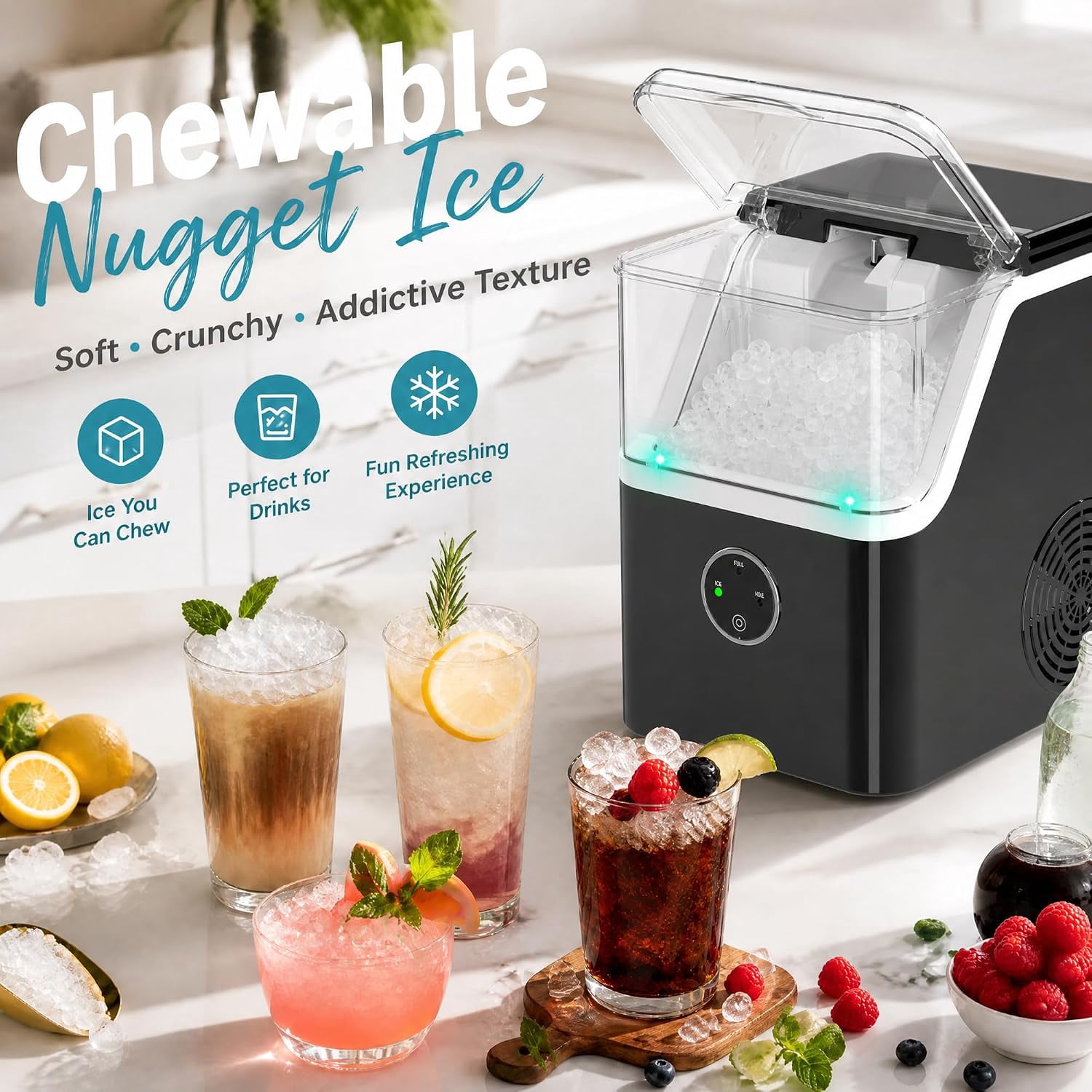 Countertop Nugget Ice Maker Machine 41.89lbs/Day, Soft Chewable Pellet Ice Ready in 6-13 Mins, One Touch Auto Self Clean for Home Kitchen Party Bar
