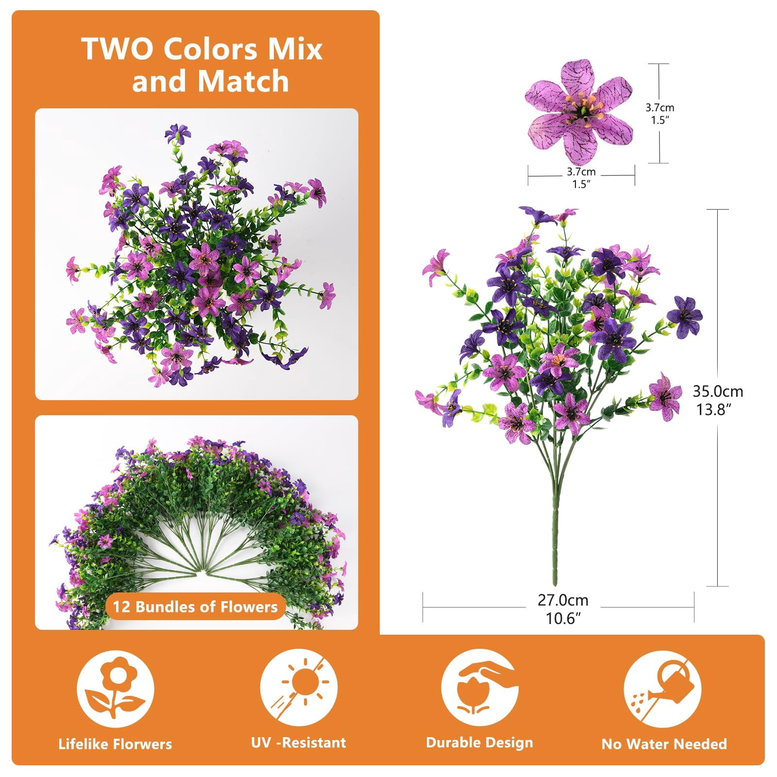 Artificial Flowers for Outdoors, 12 Bundles Multicolor Faux Silk Flower Spring Summer Decoration