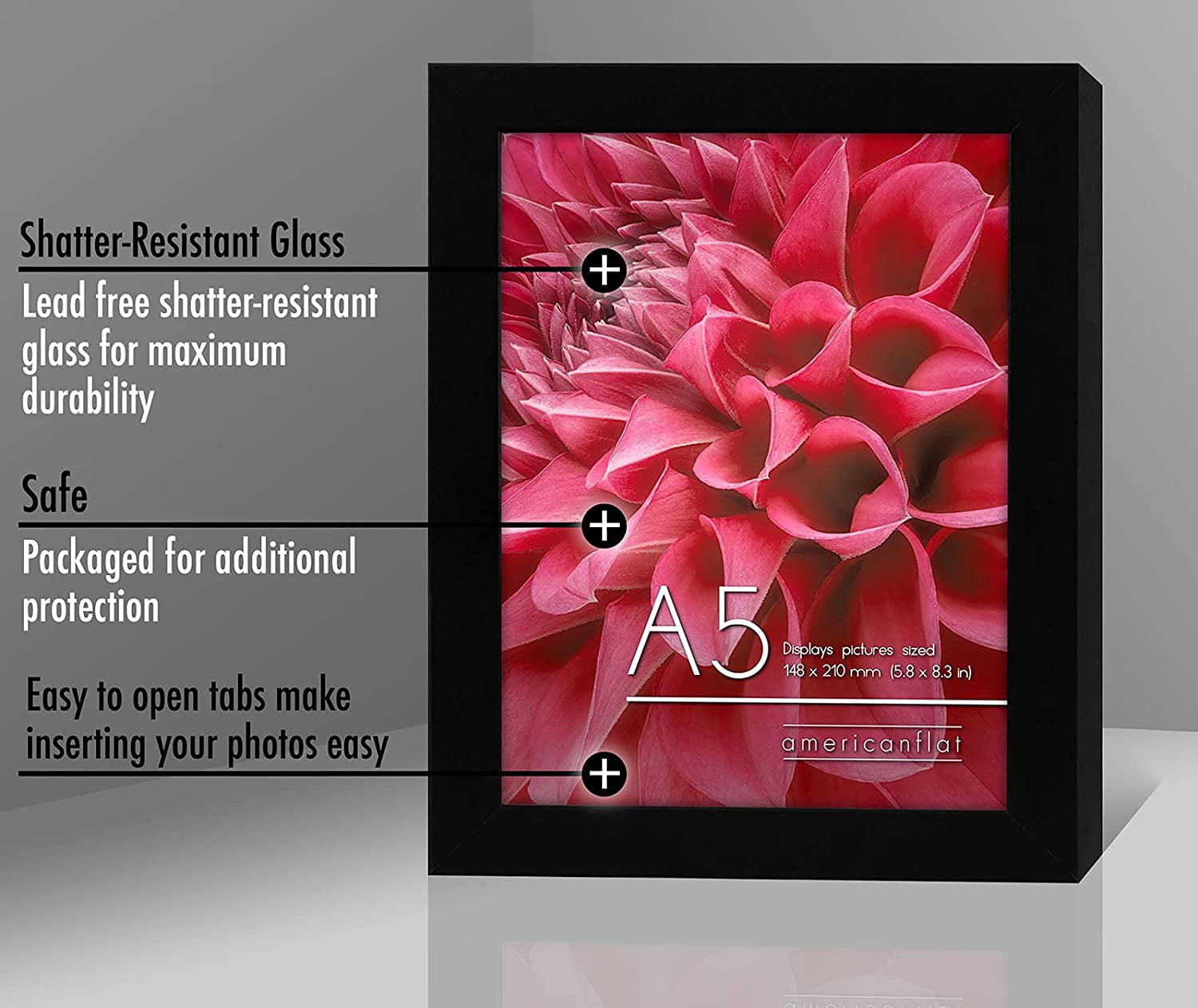Americanflat A5 Picture Frame in Black - Composite Wood with Shatter Resistant Glass - Horizontal and Vertical Formats for Wall and Tabletop - 14.8 x 21 cm - Pack of 2