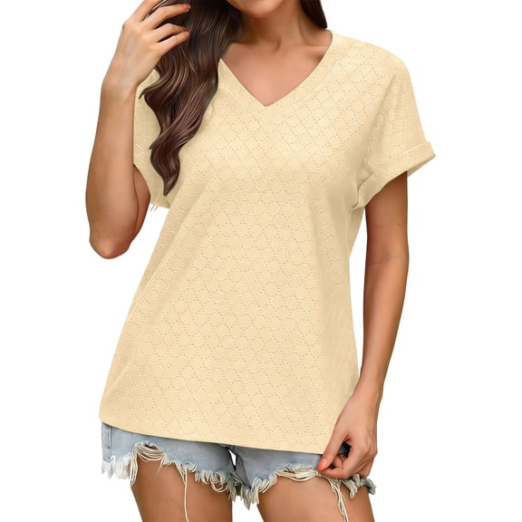 PNTUTB Women's Lightweight Breathable Solid Color Casual Openwork V Neck Short Sleeve Loose Comfort T Shirts