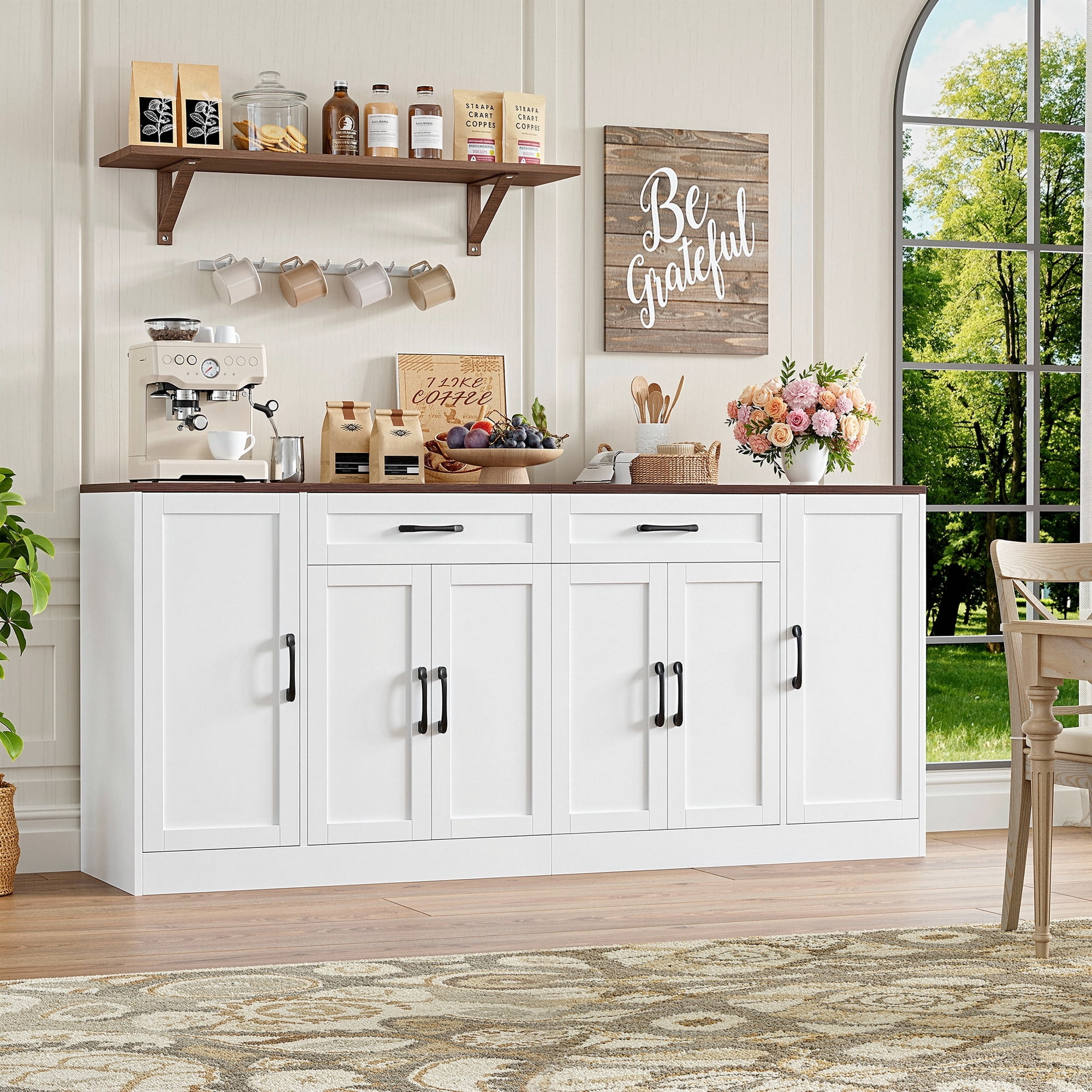 Hiphuta 70.8"W Large Buffet Cabinet with 6 Doors, Modern Farmhouse Sideboard with 2 Drawers, Coffee Bar for Kitchen Dining Room Living Room, White
