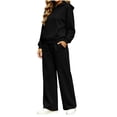 thumbnail image 3 of Women 2 Piece Outfits Long Sleeve Cropped Hoodie Sweatshirt High Waist Wide Leg Pants Casual Loose Sweatsuit Set for Daily Workout Jogging Streetwear Black S, 3 of 8