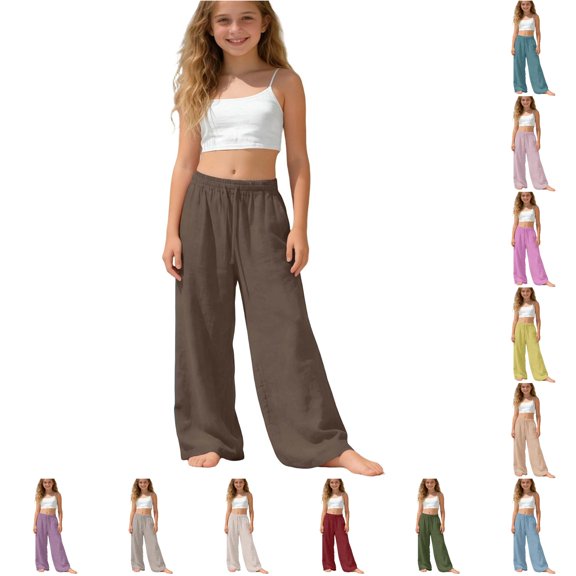 Weebloom Girl Wide Leg Pants Uniform Dress Pants Cotton Linen Stylish Casual Pants Soft Elastic Waist Outdoor School Trousers Beach Pants With Pockets Coffee 14-15 Years