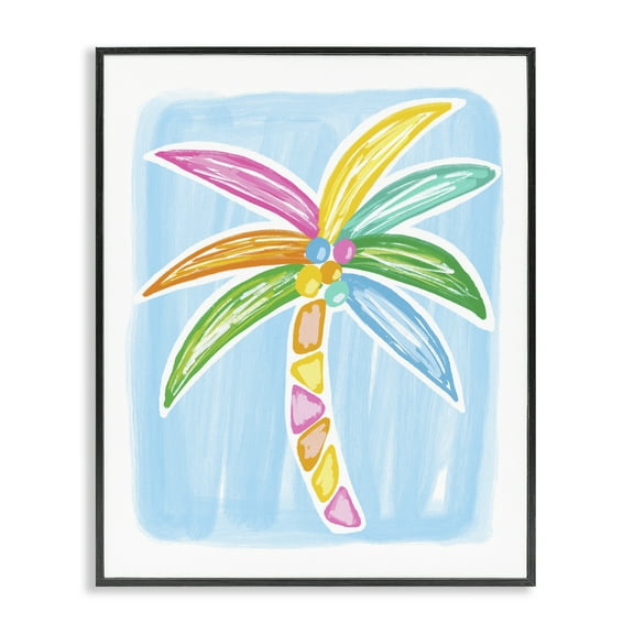 Stupell Industries Pastel Palm on Blue Botanical & Floral Painting Black Framed Art Print Wall Art, 11 x 14