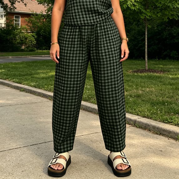 Clossjun Womens Sets 2 Piece Summer Plaid Sleeveless Tops Wide Leg Pants Matching Lounge Outfis Beach Vacation Suits