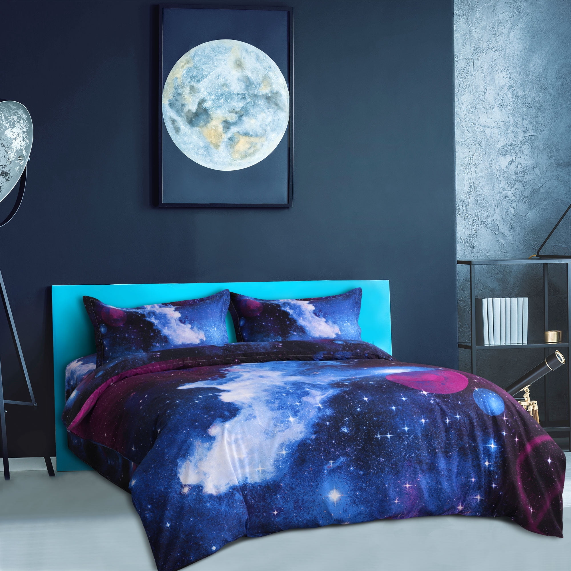 PiccoCasa 4pcs Galaxy Duvet Cover Set with Flat Sheet & Pillowcase, Blue Sky, Twin
