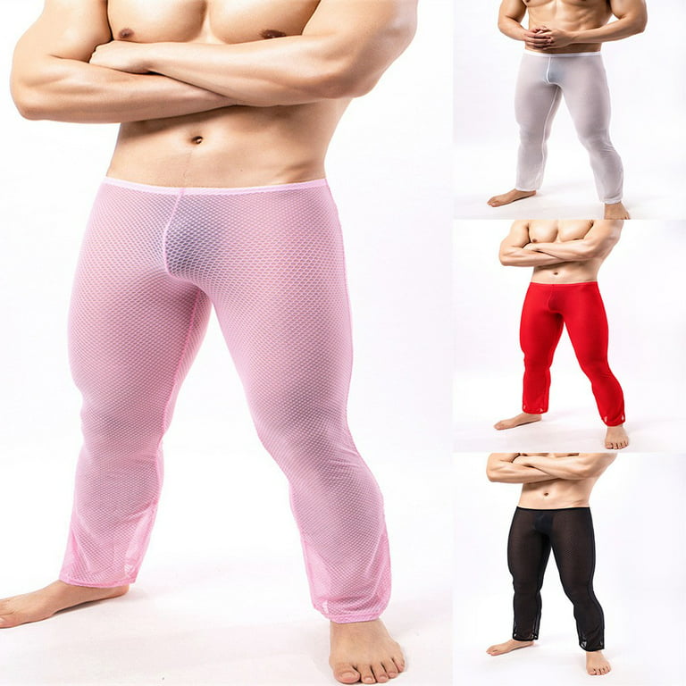 ALSLIAO Men's Sheer See Through Mesh Underwear Sports Fitness Long Johns  Pants Leggings White M