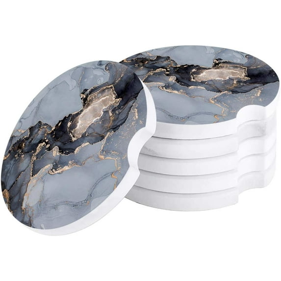 FMSHPON Marble Texture Grey Ink Set of 4 Car Coaster for Drinks, Absorbent Ceramic Stone Coasters Cup Mat with Cork Base for Home Kitchen Room Coffee Table Bar Decor