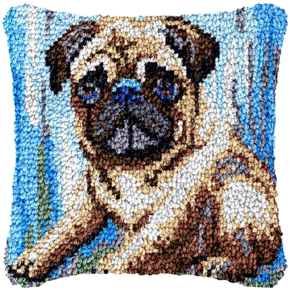 Cute Pug Dog Latch Hook Kits Pillow Crochet Yarn Cushion Pre-Printed Rug Needlework DIY Pillowcase Hook and Latch Kit Christmas Home Sofa Decoration 43x43cm(3)