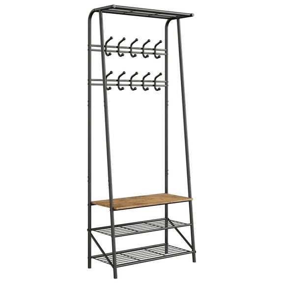 Coat Rack Shoe Bench with Hooks, 4-in-1 Hall Trees Entryway Bench with Storage, Multifunctional Hallway Organizer, Wood Look Accent Furniture with Metal Frame for Entryway, Living Room, Bedroom