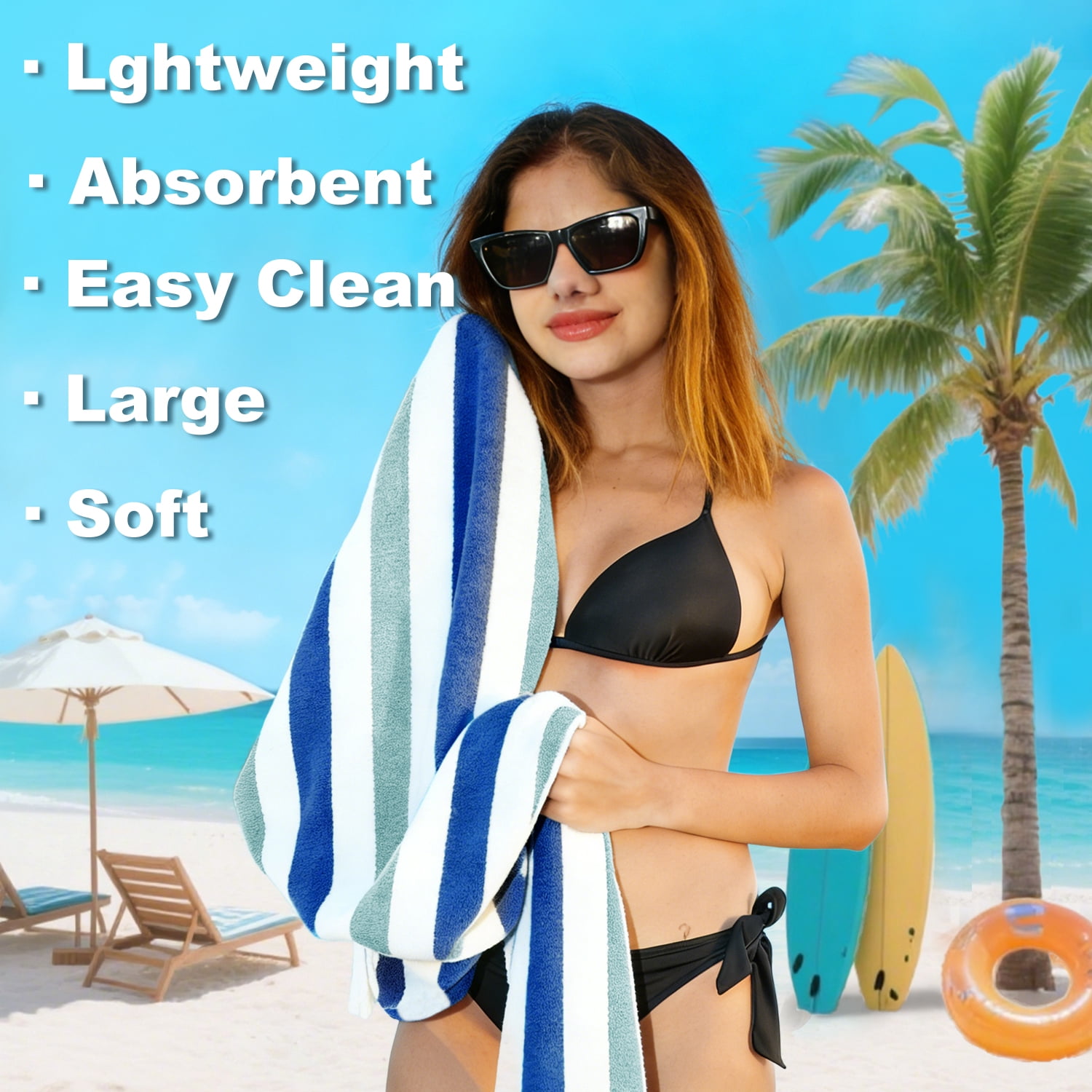 Jessy Home 4 Pack Turquoise Blue Oversized Beach Towel Set, 40"x70" Striped Beach Towels Super Absorbent Towels for Beach, Pool