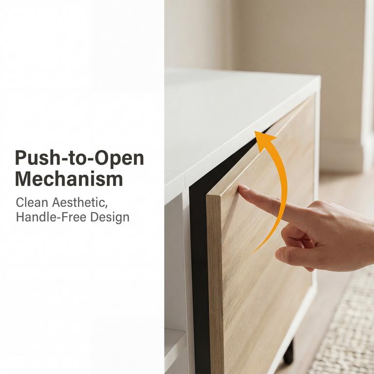Vineego TV Stand for 70 Inch TV with 2 Push-to-Open Doors, Mid-Century Modern Media Console with Open Shelves, Entertainment Center for Living Room Bedroom, Beige & White