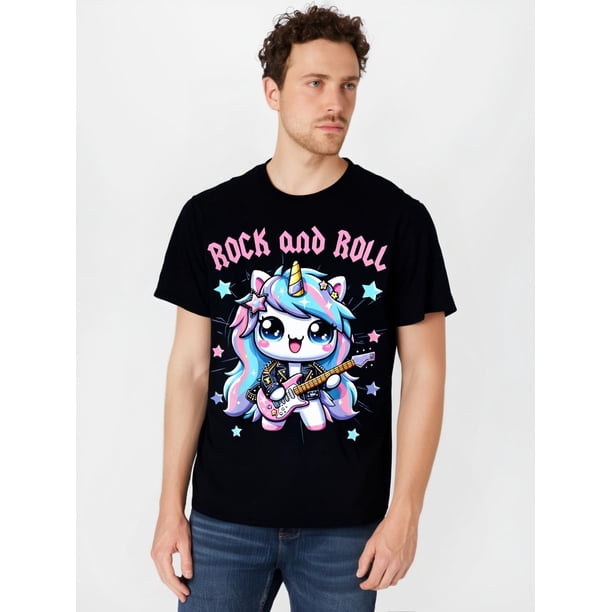 Camiseta "Unicornio Estrella de Rock" - Algodón negro unisex con gráfico de rock and roll. Para adultos, hombres, mujeres, adolescentes y jóvenes.