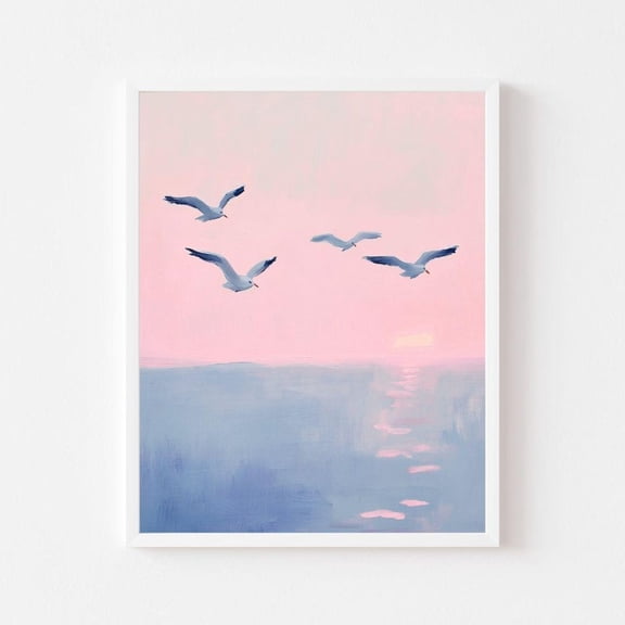 Kna Prints - Pastel Seagulls Flying Painting Coastal Pink Sunset Wall Art Print Beach House Summer Shore Colorful Ocean Wall Art Decor For Home Office UNFRAMED-8x12