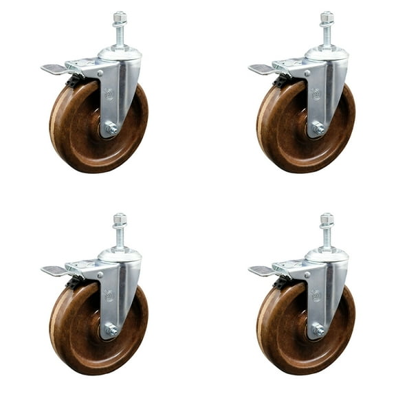 5 Inch High Temp Phenolic Swivel 3/8 Inch Stem Caster Set with Total Lock Brake