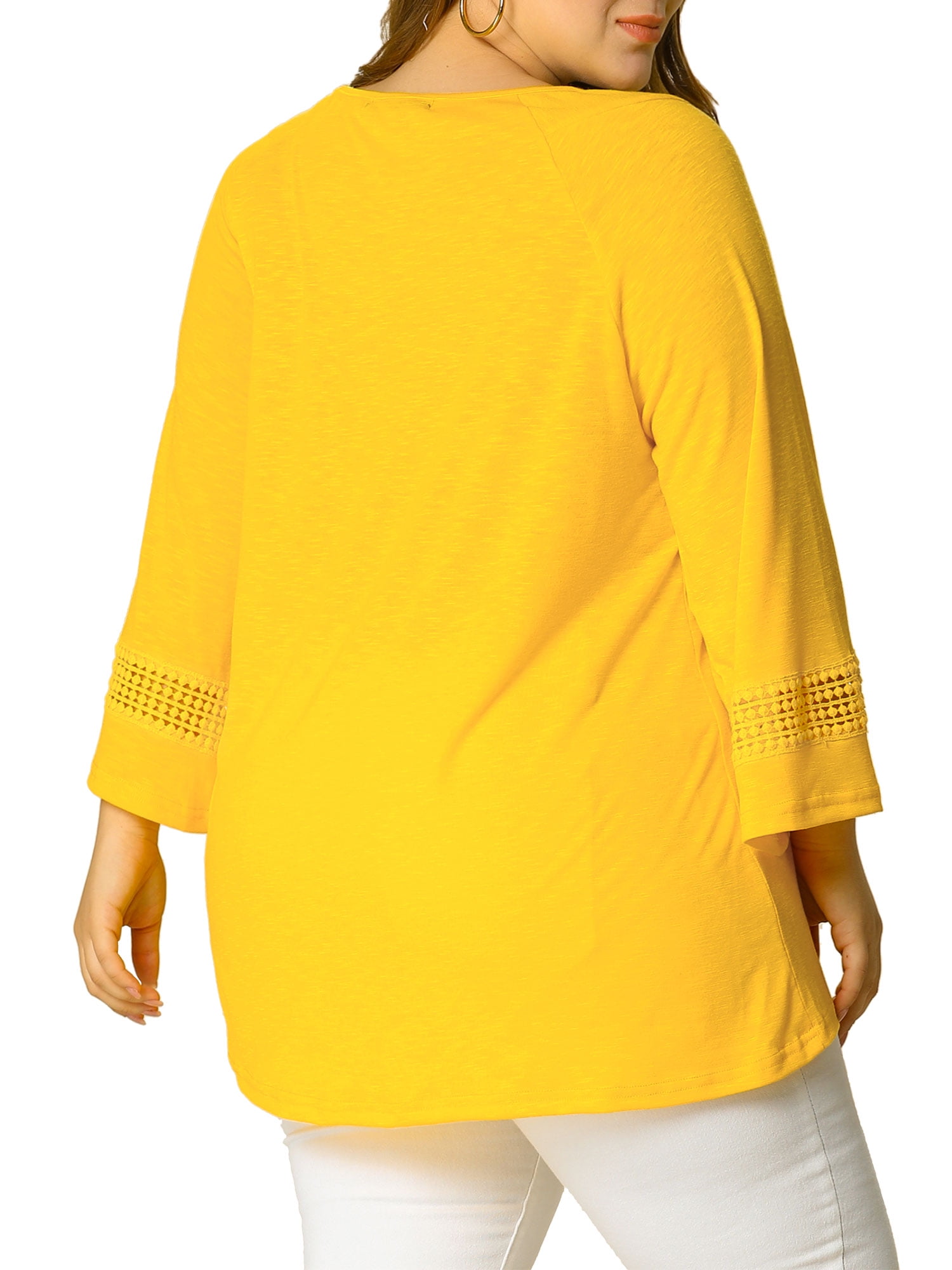 Unique Bargains Juniors' Plus Size Crochet Panel Kimono Raglan Sleeves Ruched Front Top Yellow 2X