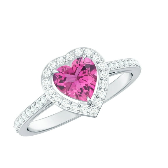 Rosec Jewels Real Pink Tourmaline Heart Shaped Engagement Ring with Halo - Pink Tourmaline Diamond Ring (6 mm, AAA Quality), 925 Sterling Silver, US 4.00