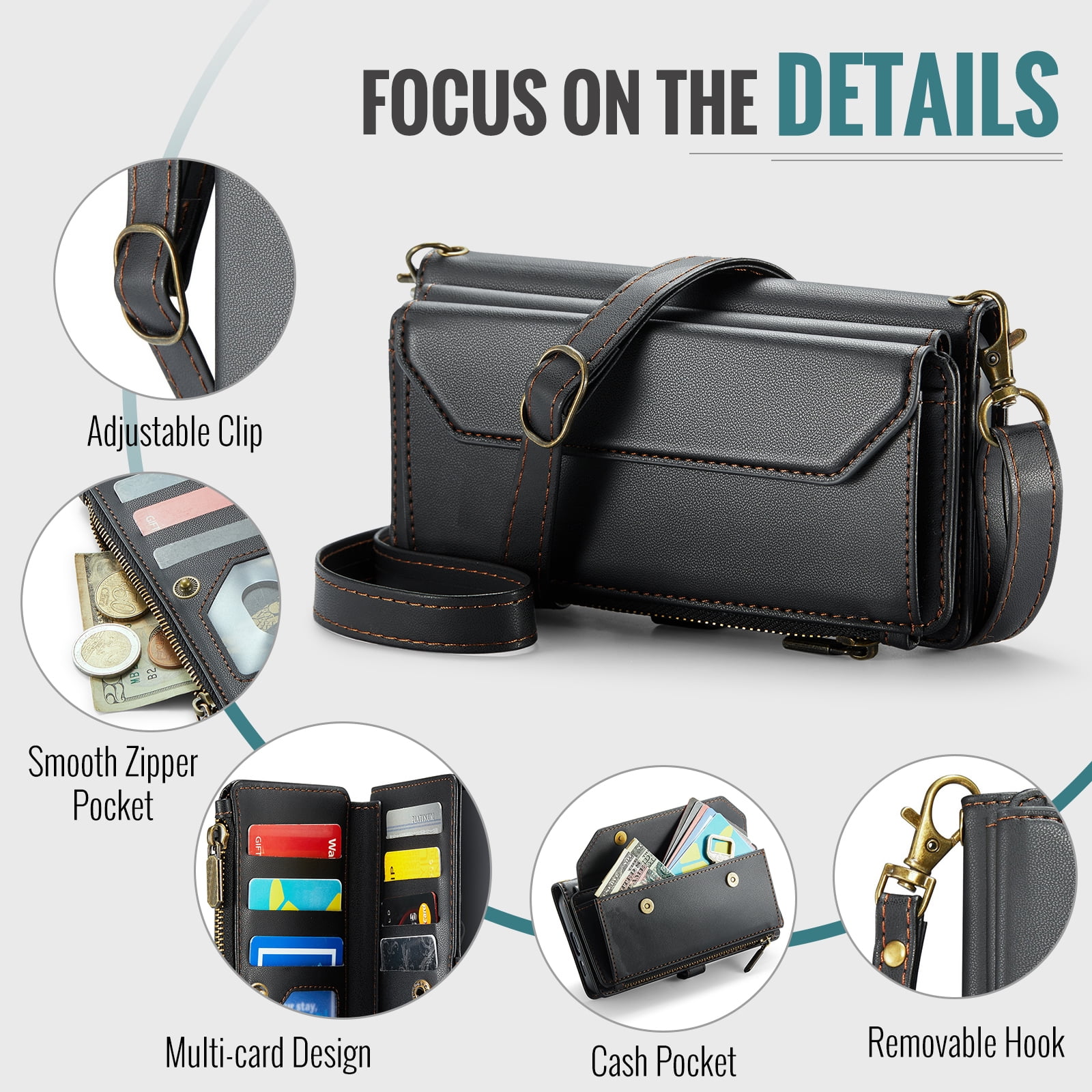 Compatible with Samsung Galaxy S25 Plus S25+ 5G Zipper Wallet Phone Case Tempered Glass Screen Protector Crossbody Lanyard Strap Flip Card Holder Slot Cell Cover for S25Plus 25S + S 25 Women Black