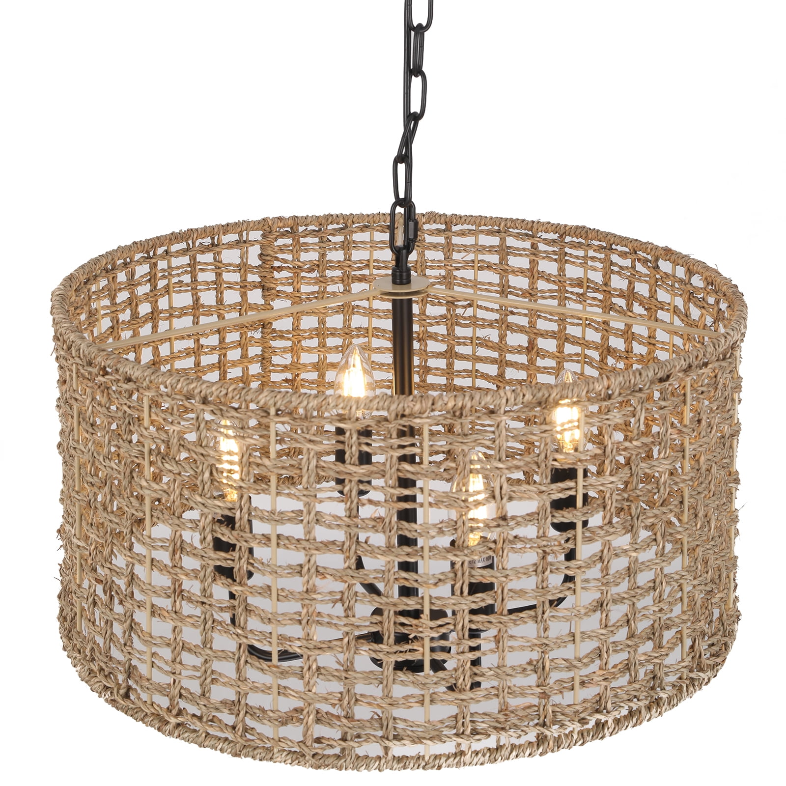 Wuzstar Hand Woven Rattan Chandelier Pendant Light Fixture 4-Light Farmhouse Rattan Light Fixtures for Kitchen Island Dining Room