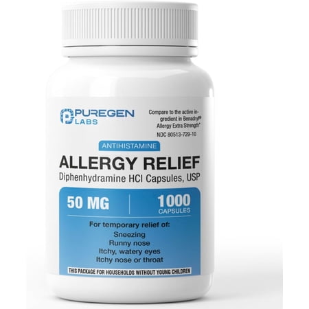 Puregen Labs Diphenhydramine HCl 50 mg Capsules – 1000 Count – Antihistamine I Allergy & Cold Symptoms Relief - Sneezing, Runny Nose, Itchy Eyes & Throat