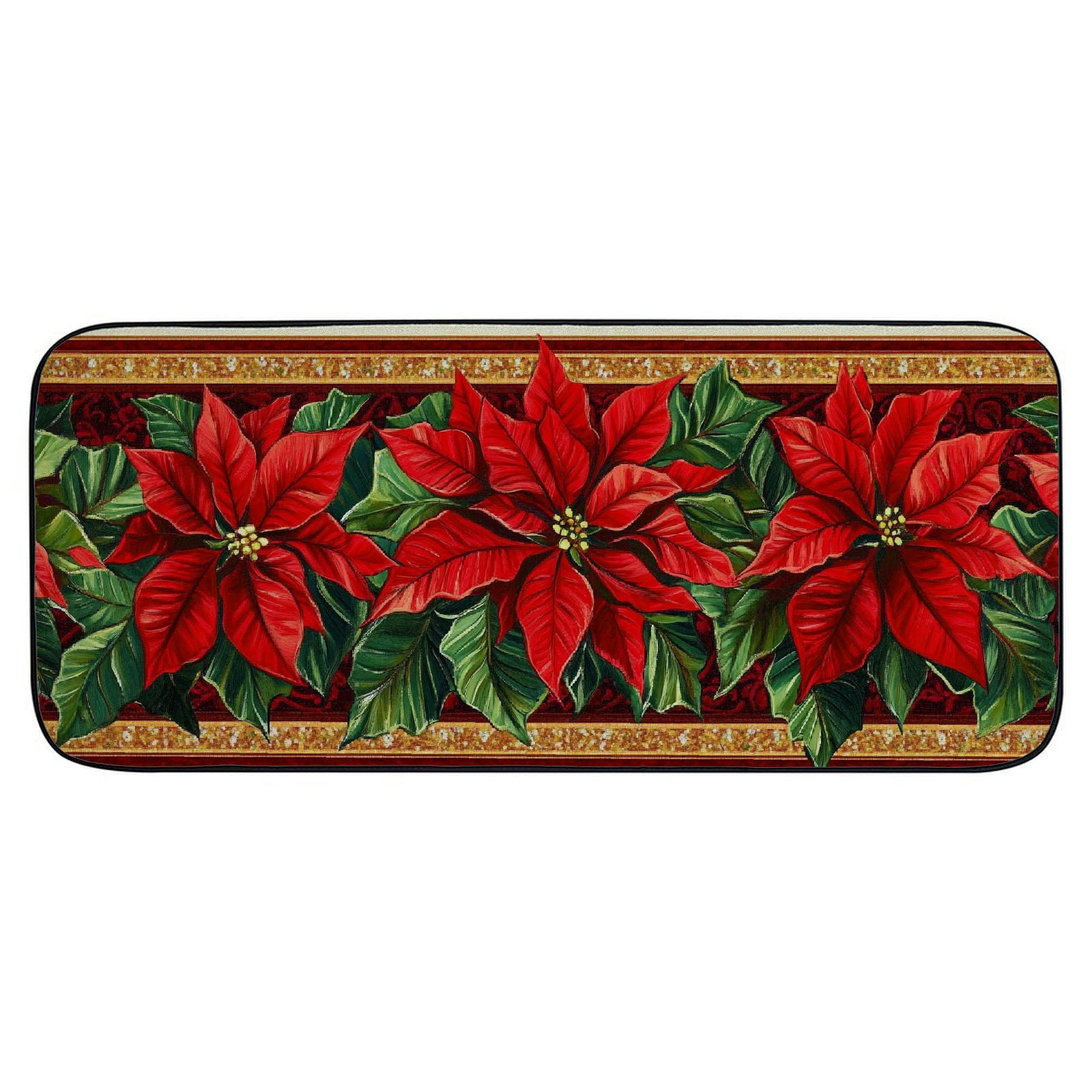 Qinduosi Christmas Red Poinsettia Flower Kitchen and Door Mat, Winter Holiday Xmas Washable Non-Slip Floor Mat for Decor