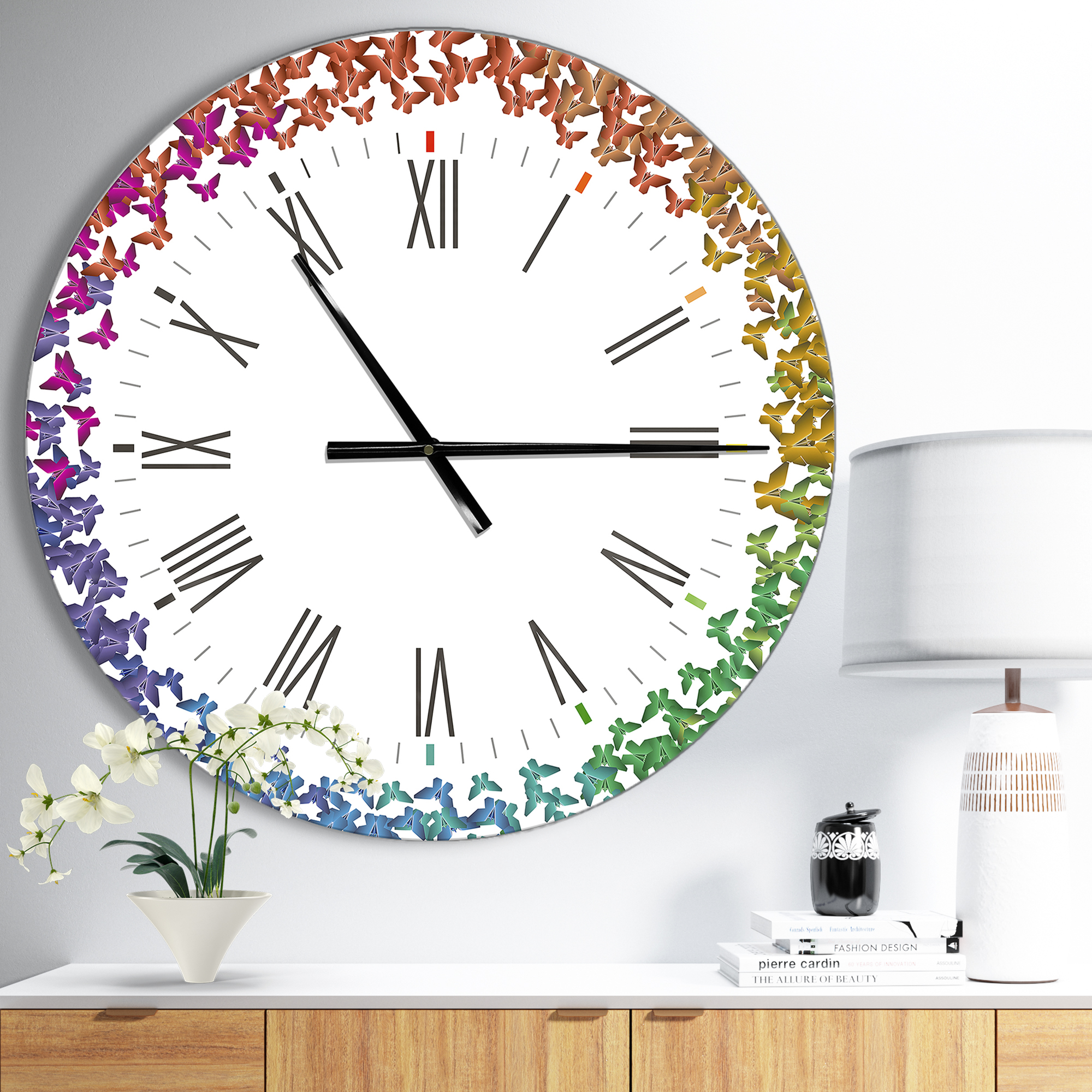 Designart 'Rainbow Butterfly Origami ' Farmhouse wall clock