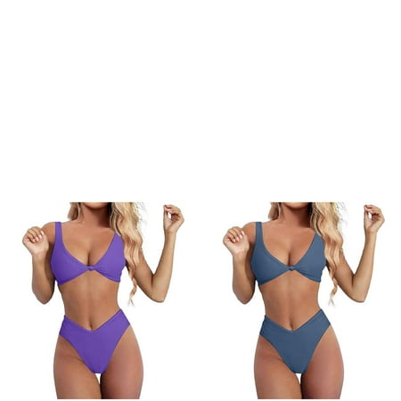 Wijhcboe 2 Pack Bikini Womens Striped Shorts Romper Set For Women Solid Women Skirt Suit Size 16 V Neck Knot Front Women Bathing Suits plus Size Push Up High Leg Thong Two Piece Beach Rompers for Te