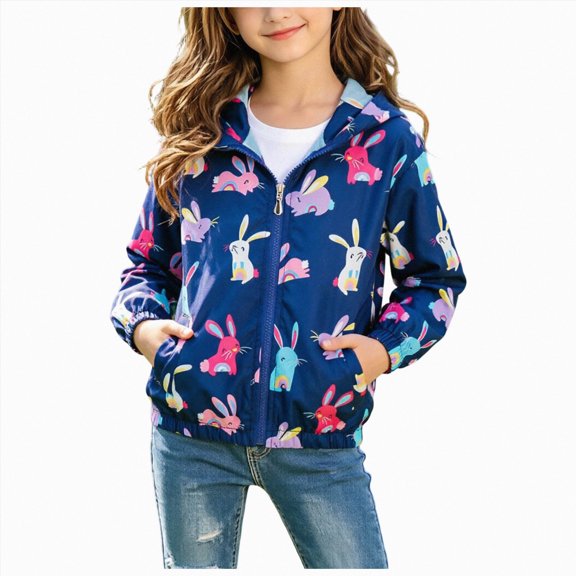 KPOPLK Girls Windbreaker Jackets 3 6 9 12 18 Months 2T 3T 4T Fall Lightweight Water Resistant Coat Outwear with Zip Up Hooded Clothes for Kids Blue,Size 9-10 Years