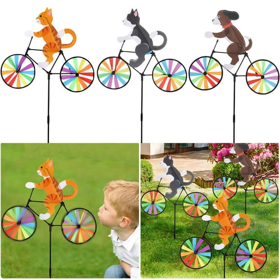 Gustave Cat Dog Bicycle Wind Spinners Garden Windmills Animal Bike Pinwheels with Stake Kids Outdoor Toys for Yard Art Decoration Garden Ornament