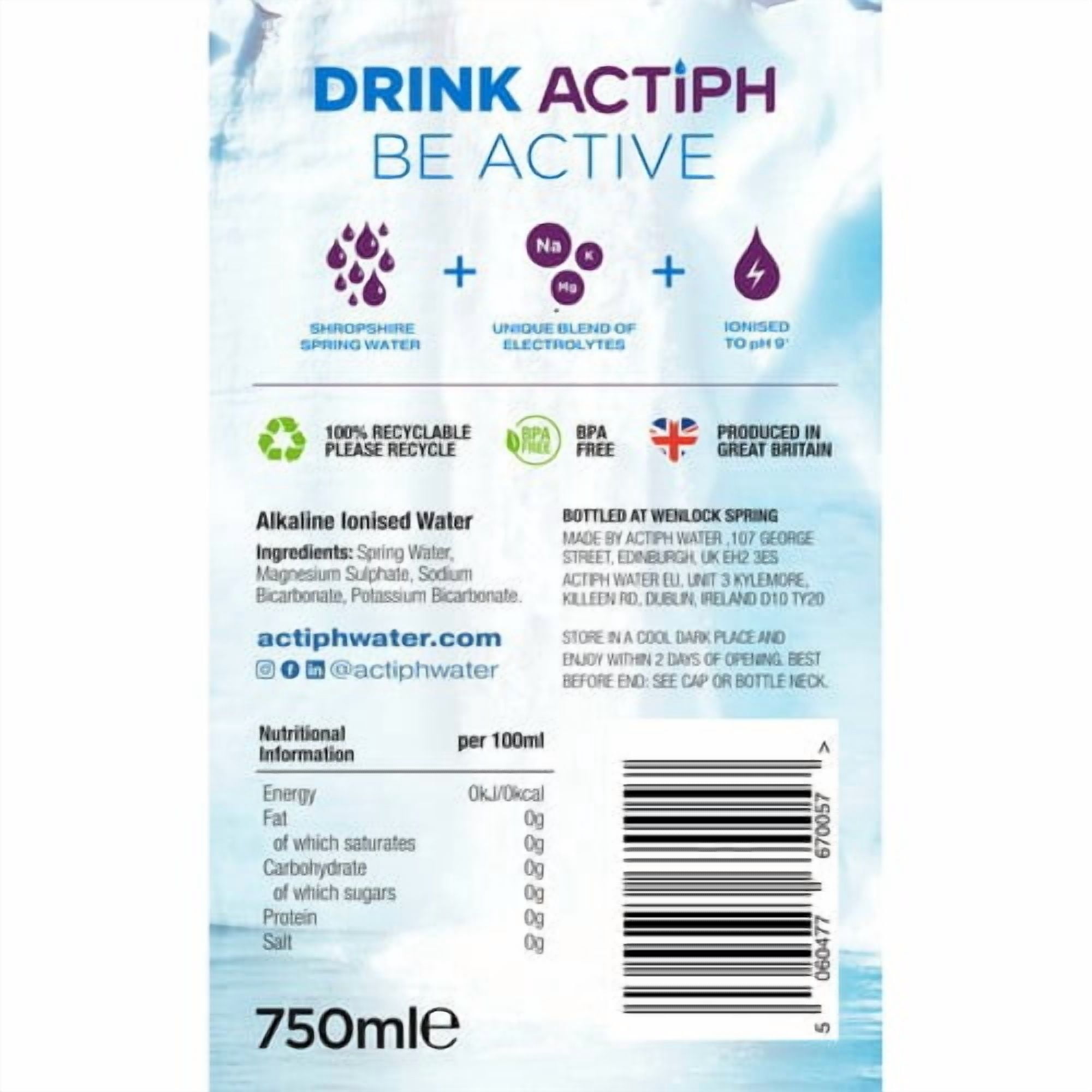 ACTIPH Alkaline Ionised Water Glass Bottle 750ml, British Import (Pack of 3)