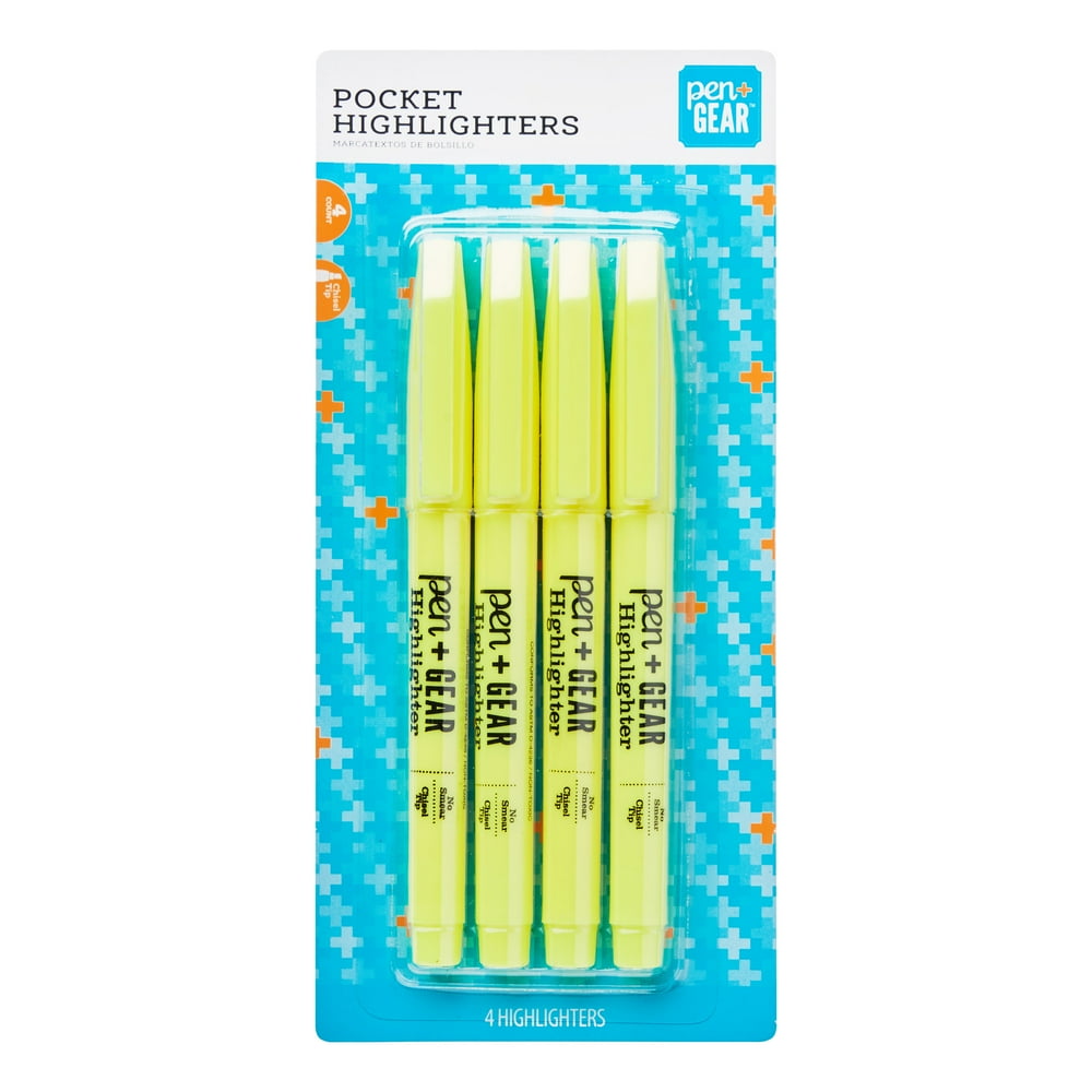 Pen + Gear Pocket Highlighters, Yellow, 4 Count