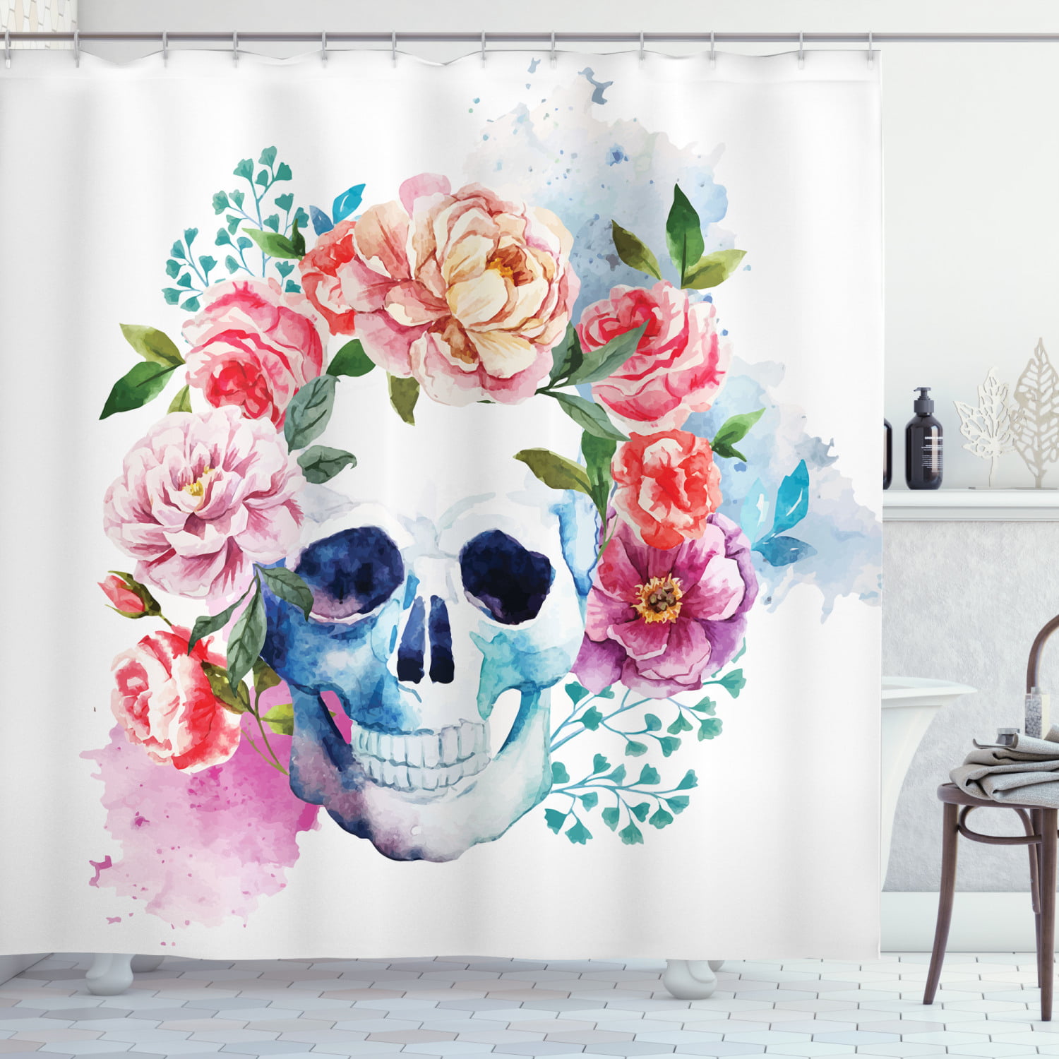 Color Sugar Skull Shower Curtain Bathroom Waterproof Fabric & 12hooks 71x71inch 