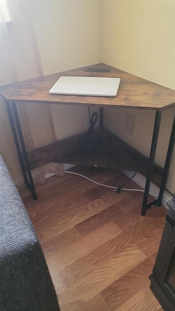 Demi Bonn Triangle Computer Corner Desk with Charging Station, Small Home Office Desk Study Writing Table, Brown