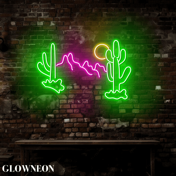 GLOWNEON Desert Neon Sign, LED Cactus and Mountain Wall Art, Boho Western Decor