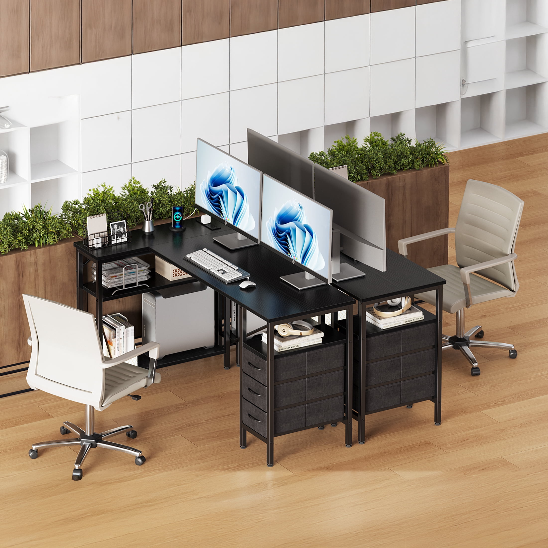 CONCETTA 55"L Shaped Computer Desk with 3 Drawers, Power Outlets, USB Ports, and Monitor Stand, Corner Gaming Desk for Home Office,Black