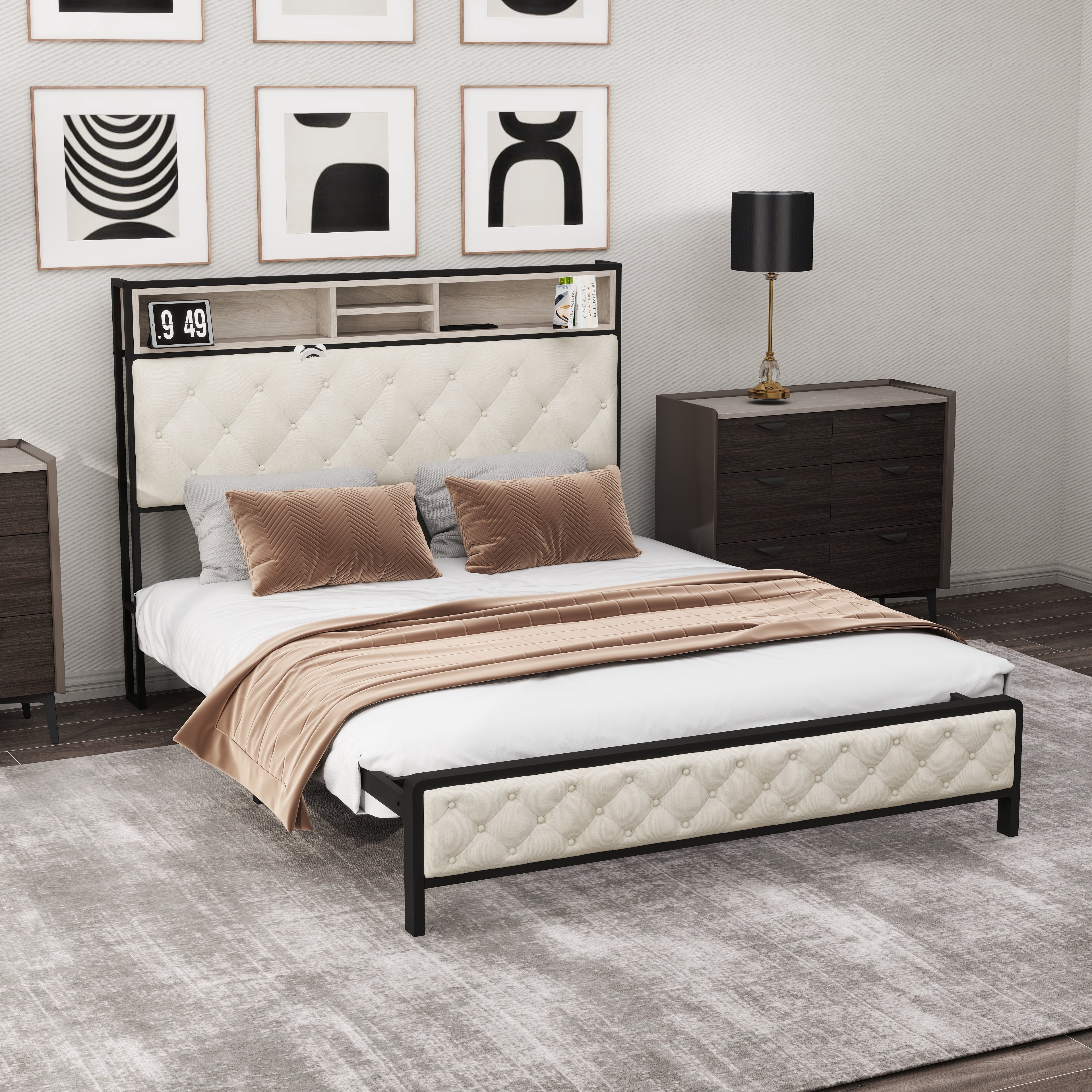 Uforic Beige Queen Bed Frame with Charging Station, Upholstered Storage Headboard & Footboard, Metal Slats Support, No Box Spring Needed