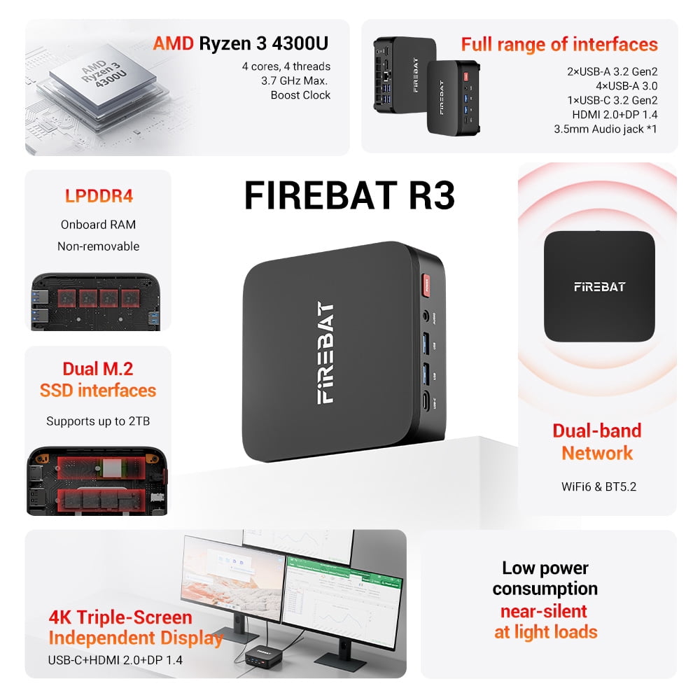 FIREBAT R3 Mini PC, AMD Ryzen3 4300U, 8GB, 256GB SSD, Black