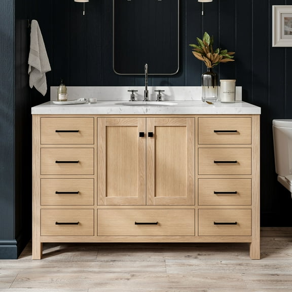 Ariel Cambridge 54 Inch Single Oval Sink Bathroom Vanity With Carrara White Quartz Countertop 1.5 Inch Edge In Oak